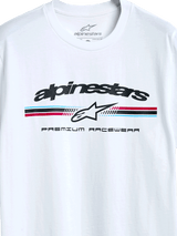 Alpinestars Prevail CSF Tee, Short Sleeve T-Shirt, White, Paddock-style tri-color stripe logo with Alpinestars star icon and Premium Racewear text, casual motorsport-inspired design