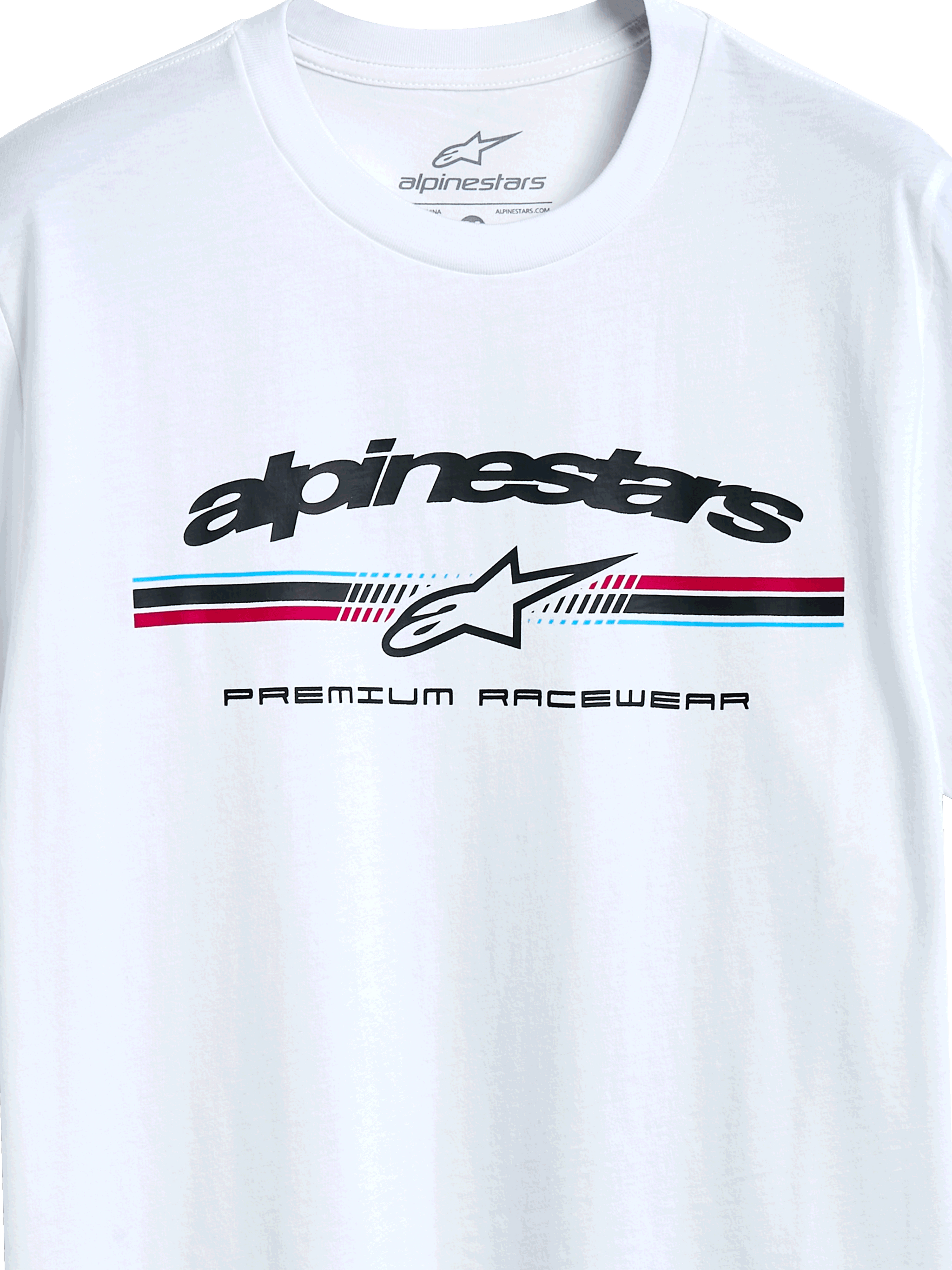 Alpinestars Prevail CSF Tee, Short Sleeve T-Shirt, White, Paddock-style tri-color stripe logo with Alpinestars star icon and Premium Racewear text, casual motorsport-inspired design