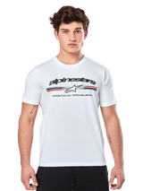 Alpinestars Prevail CSF Tee, White Short Sleeve T-Shirt, featuring a front paddock-style tri-color stripe logo with red and blue accents, black Alpinestars branding, and 'Premium Racewear' text, worn by a male model, casual motorsport apparel