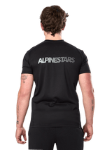 Alpinestars Exemption Performance Tee, Short Sleeve Performance T-Shirt, Black, back view showing reflective Alpinestars logo across the shoulders, athletic fit, sustainable performance sportswear