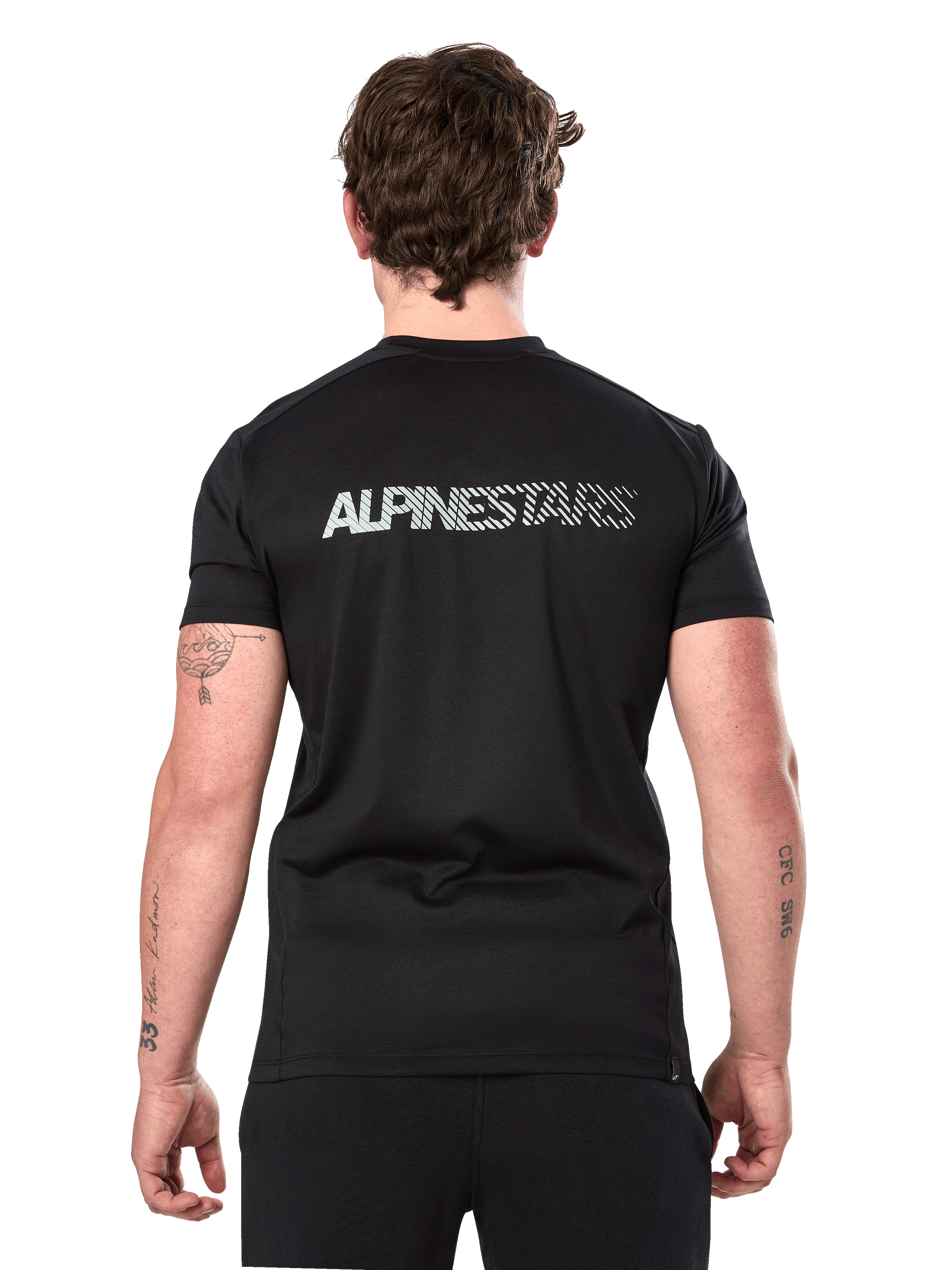 Alpinestars Exemption Performance Tee, Short Sleeve Performance T-Shirt, Black, back view showing reflective Alpinestars logo across the shoulders, athletic fit, sustainable performance sportswear