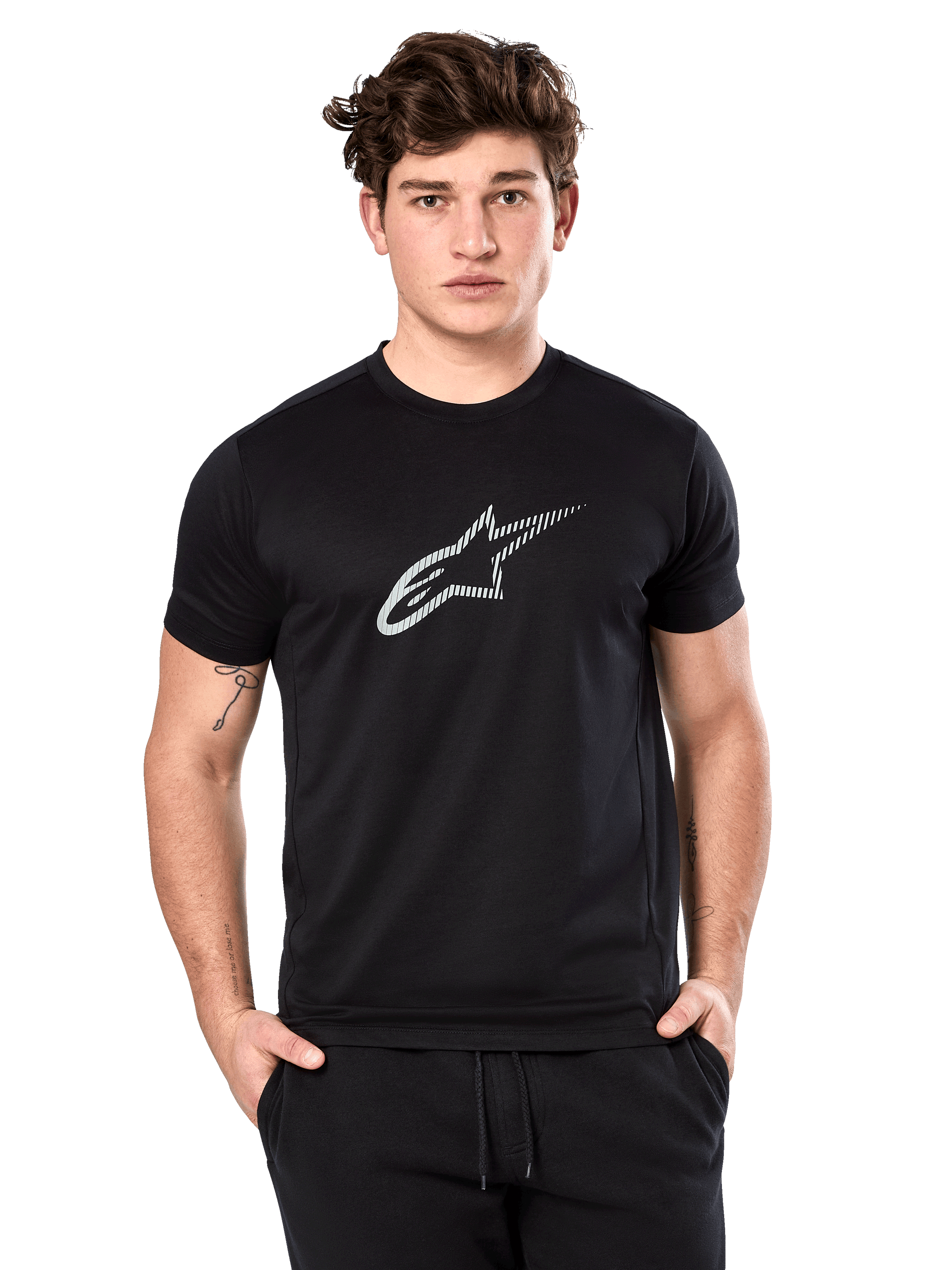 Alpinestars Exemption Performance Tee, Short Sleeve T-Shirt, Black with white reflective star logo, performance jersey fabric, casual motorsport-inspired streetwear