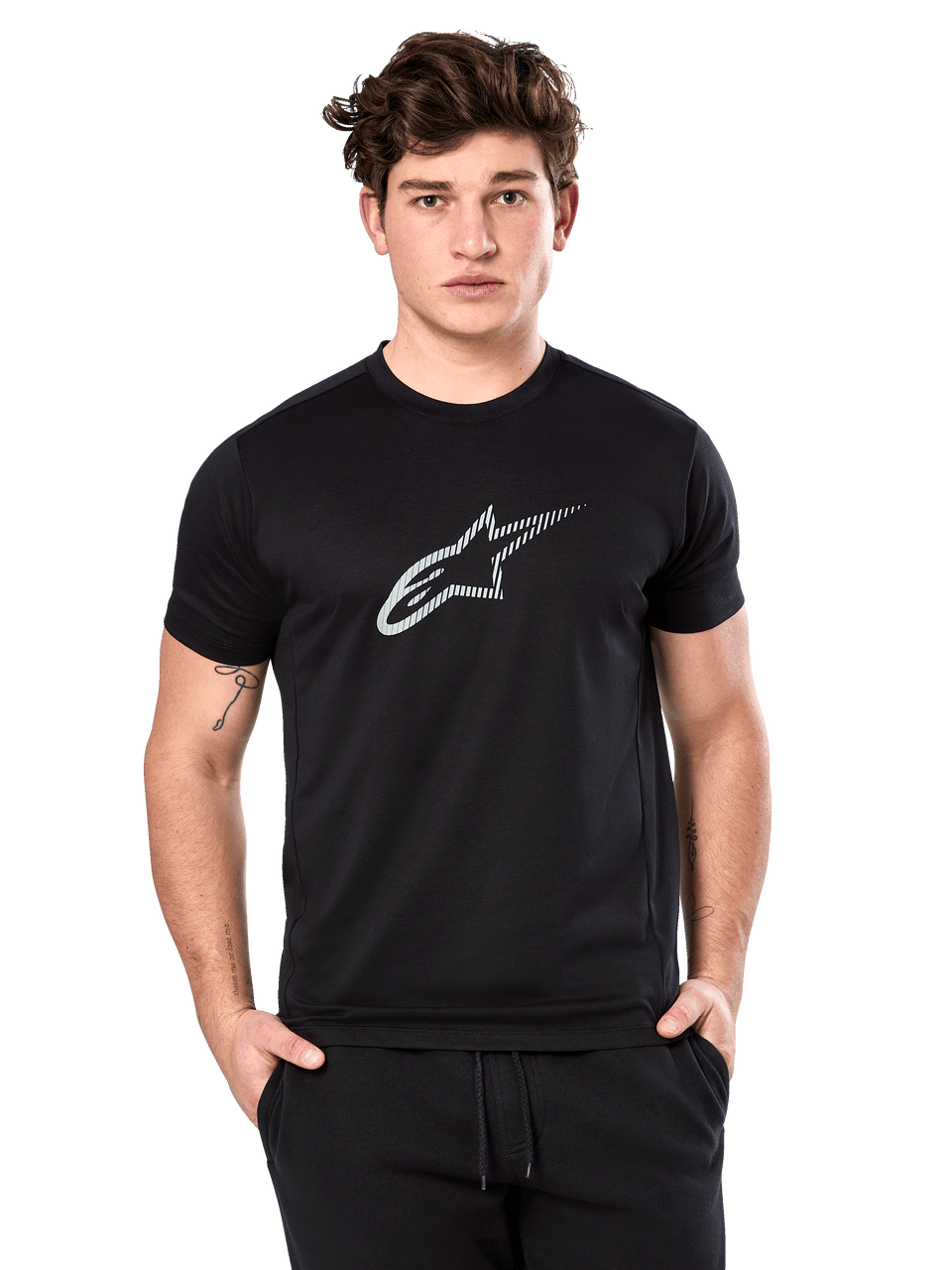 Alpinestars Exemption Performance Tee, Short Sleeve T-Shirt, Black with white reflective star logo, performance jersey fabric, casual motorsport-inspired streetwear