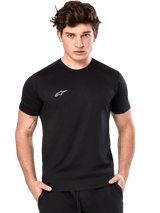 Alpinestars Point Performance Tee, Short Sleeve T-Shirt, Black, Small White Alpinestars Logo on Chest, worn by a male model, sustainable performance sportswear