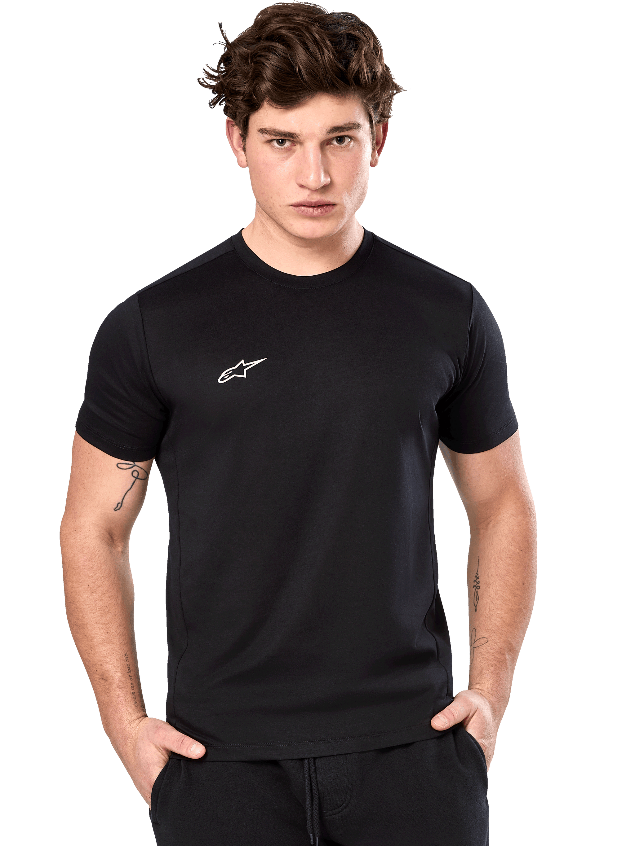 Alpinestars Point Performance Tee, Short Sleeve T-Shirt, Black, Small White Alpinestars Logo on Chest, worn by a male model, sustainable performance sportswear