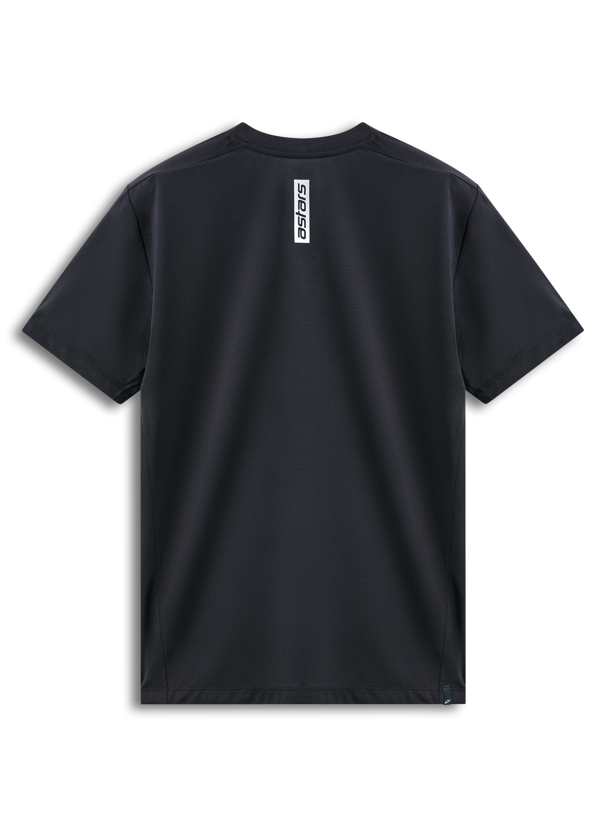 Alpinestars Point Performance Tee, Short Sleeve T-Shirt, Black, Back View showing vertical white Astars logo print at the neck, moisture-wicking performance sportswear