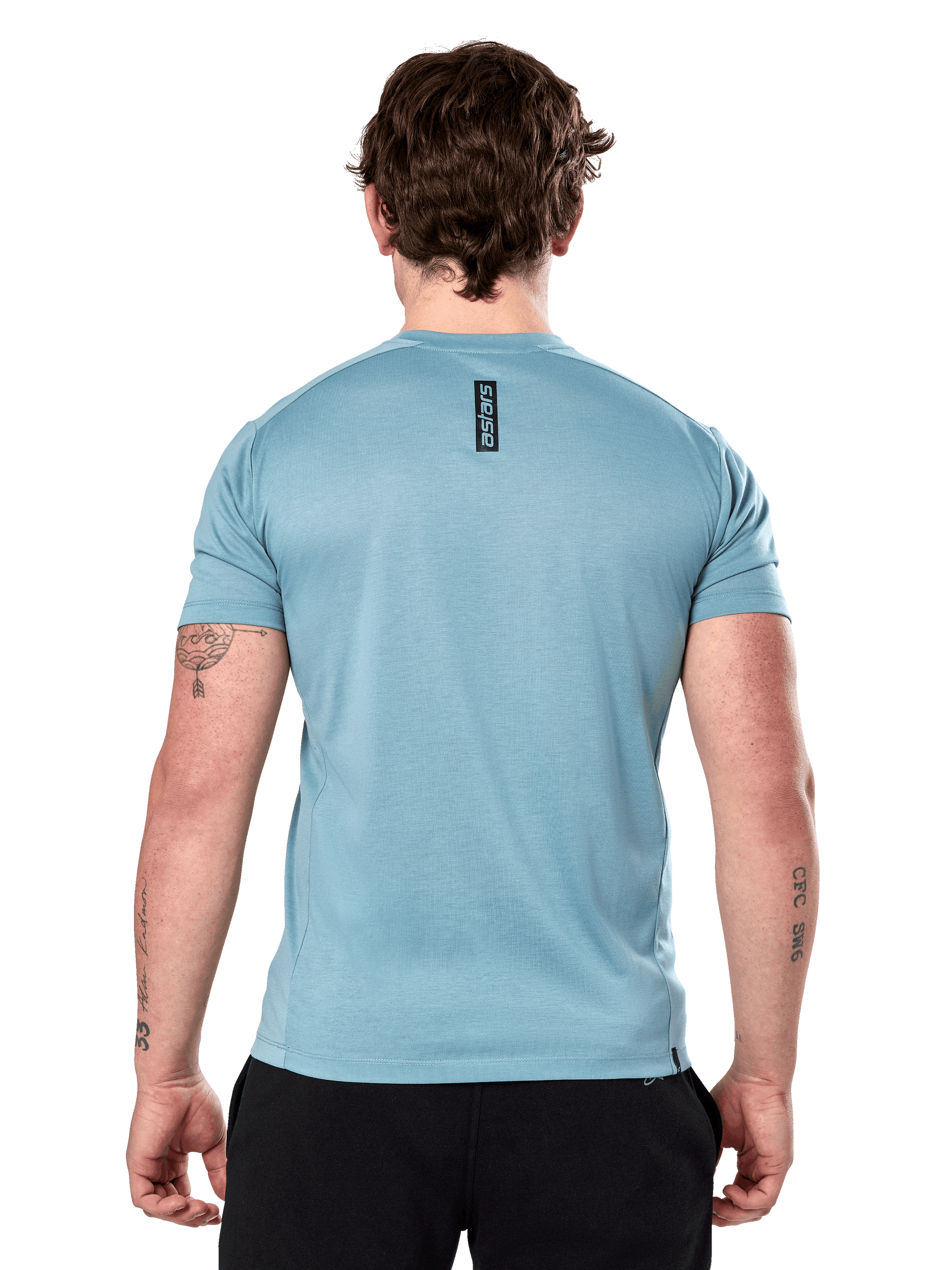 Alpinestars Point Performance Tee - Short Sleeve, Ice Blue, back view featuring small vertical black 'astars' word logo on upper back, moisture-wicking performance fabric, casual sportswear