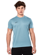 Alpinestars Point Performance Tee, Short Sleeve T-Shirt, Ice Blue, featuring a small black logo on the chest, worn by a model with black shorts, casual performance sportswear