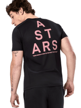 Alpinestars Attrition Performance Tee, Short Sleeve T-Shirt, Black, rear view featuring large pink vertical ASTARS graphic with slogan "NEW INNOVATION TO PROTECT OUR FUTURE", casual performance sportswear