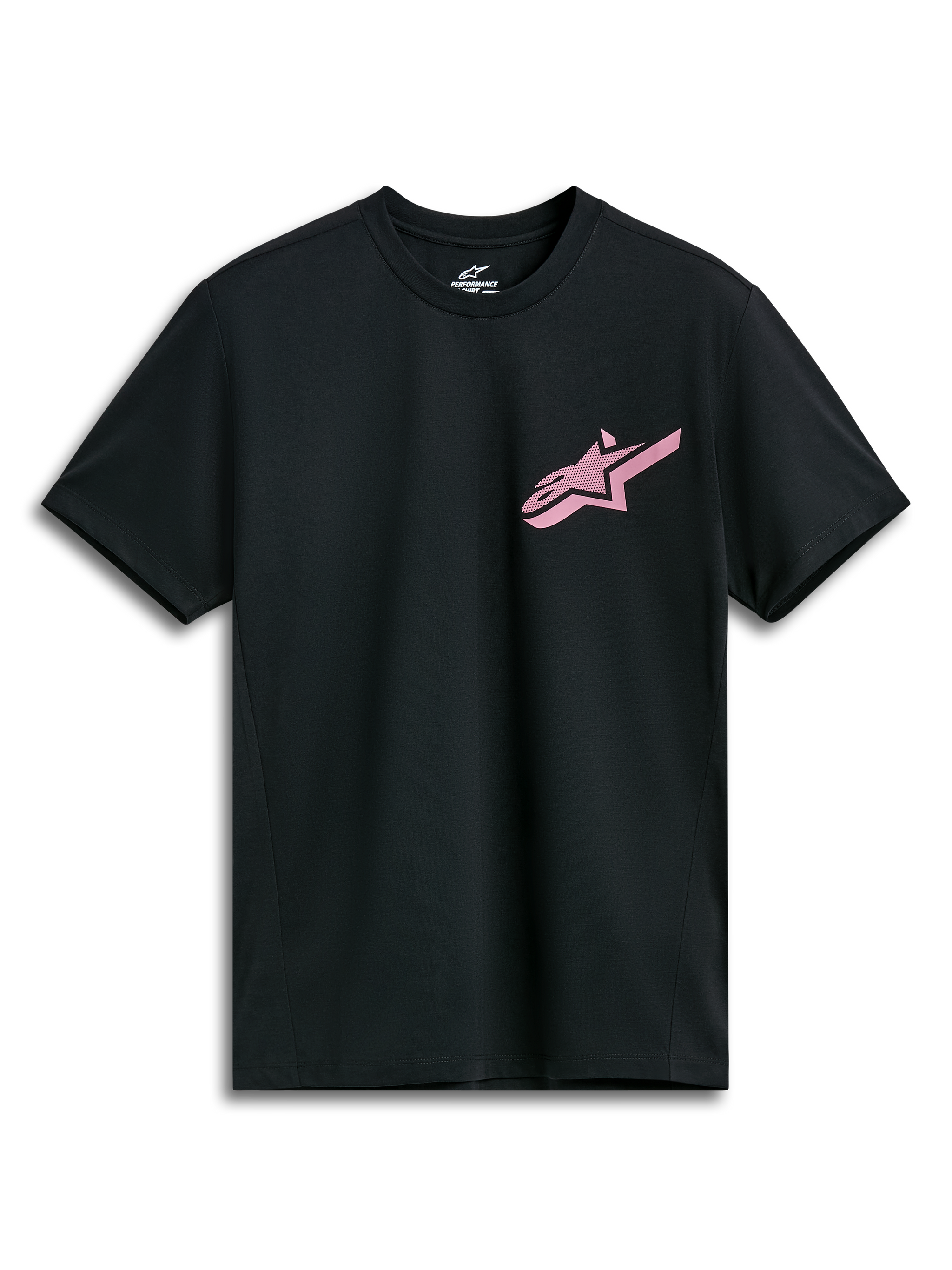 Alpinestars Attrition Performance Tee, Short Sleeve Performance T-Shirt, Black with Pink Alpinestars Logo, Crew Neck, Performance Sportswear