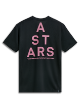 Alpinestars Attrition Performance Tee, Short Sleeve T-Shirt, Black, back view featuring a large pink ASTARS block graphic and 'NEW INNOVATION TO PROTECT OUR FUTURE' text, sustainable performance sportswear