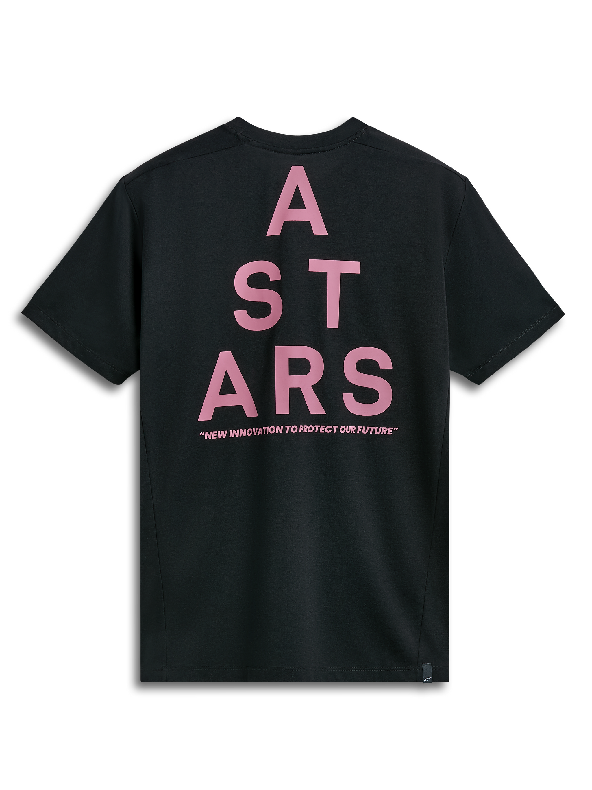 Alpinestars Attrition Performance Tee, Short Sleeve T-Shirt, Black, back view featuring a large pink ASTARS block graphic and 'NEW INNOVATION TO PROTECT OUR FUTURE' text, sustainable performance sportswear