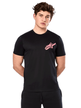 Alpinestars Attrition Performance Tee, Short Sleeve T-Shirt, Black with Pink Astars Logo on chest, worn by male model, Casual Motorsport Performance Wear