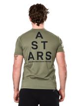 Alpinestars Attrition Performance Tee, Short Sleeve T-Shirt, Light Green, Back view featuring large black stacked 'A STARS' type graphic and 'NEW INNOVATION TO PROTECT OUR FUTURE' text, Sustainable Performance Sportswear