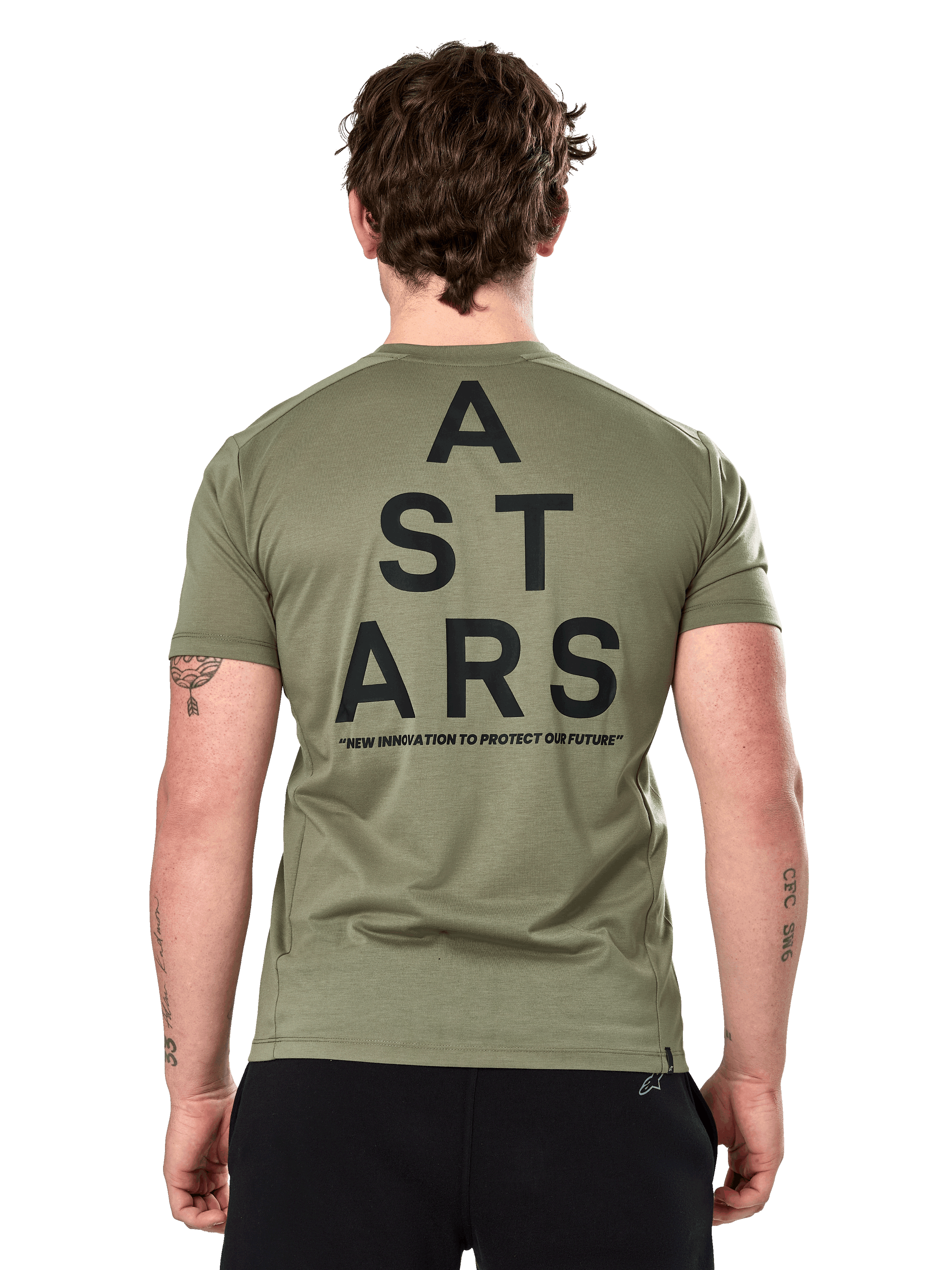 Alpinestars Attrition Performance Tee, Short Sleeve T-Shirt, Light Green, Back view featuring large black stacked 'A STARS' type graphic and 'NEW INNOVATION TO PROTECT OUR FUTURE' text, Sustainable Performance Sportswear