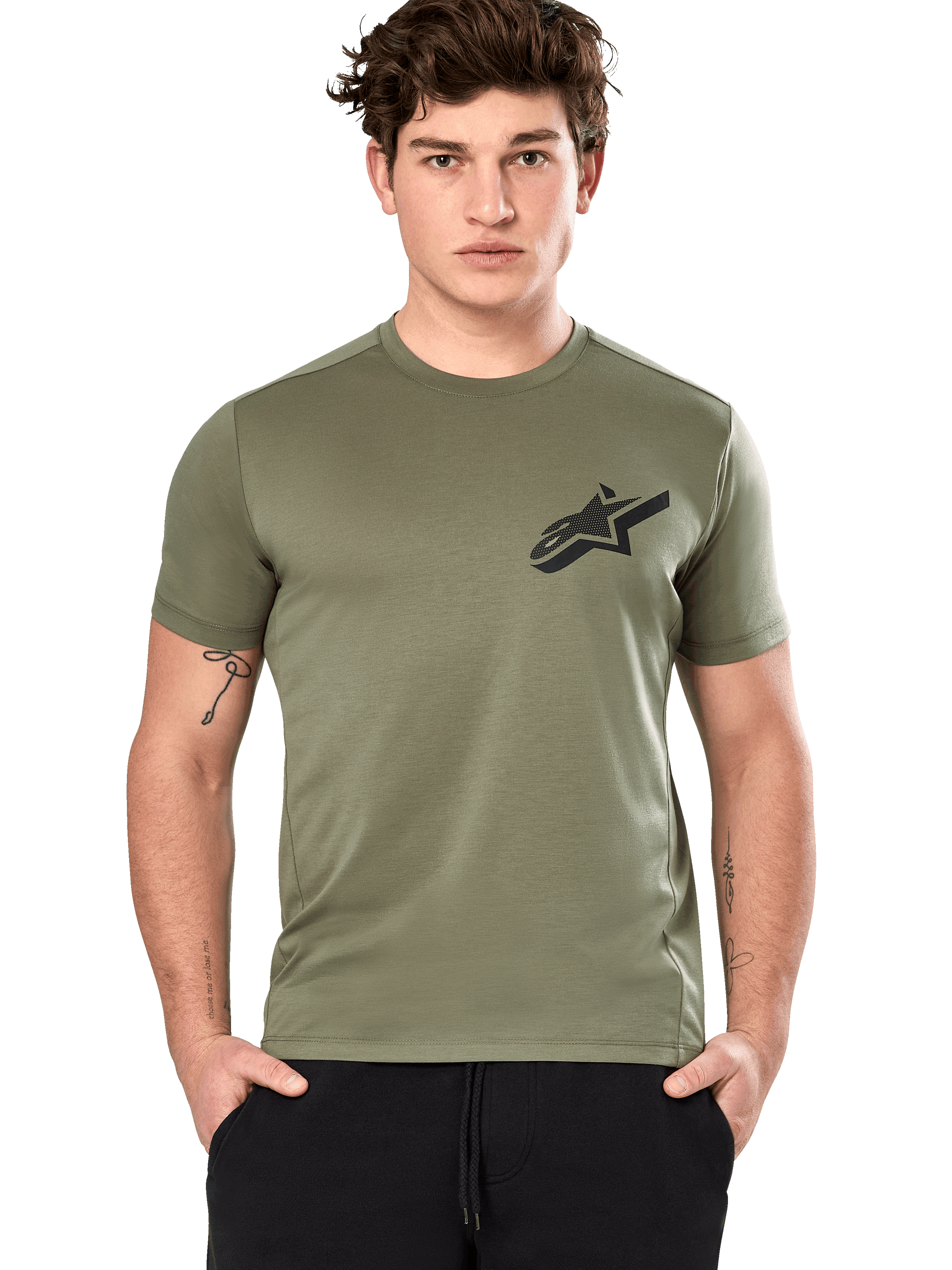 Alpinestars Attrition Performance Tee, Short Sleeve T-Shirt, Light Green, black Astars logo on chest, performance wicking fabric, model wearing with black pants, casual sportswear