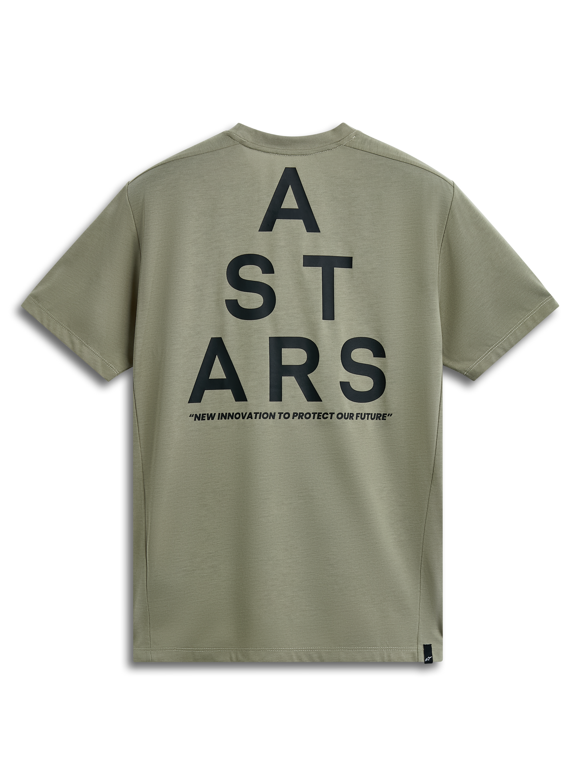 Alpinestars Attrition Performance Tee, Short Sleeve T-Shirt, Light Green, back view with large black ASTARS stacked graphic and 'NEW INNOVATION TO PROTECT OUR FUTURE' tagline, casual performance sportswear