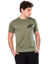 Alpinestars Attrition Performance Tee, Short Sleeve T-Shirt, Light Green, black Astars logo on chest, worn by model with black pants, casual performance sportswear