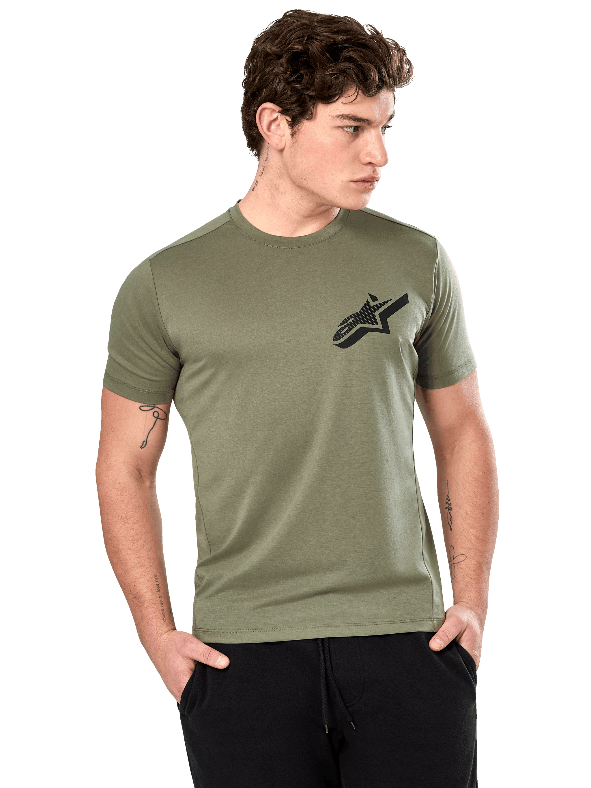 Alpinestars Attrition Performance Tee, Short Sleeve T-Shirt, Light Green, black Astars logo on chest, worn by model with black pants, casual performance sportswear