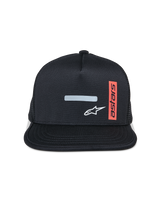 Alpinestars Alter Trucker Hat, Flat Bill Cap, Black with Mesh Back, Front Reflective Bar and White Star Logo, Vertical Red Label with Astars Text, Casual Motorsport Sportswear