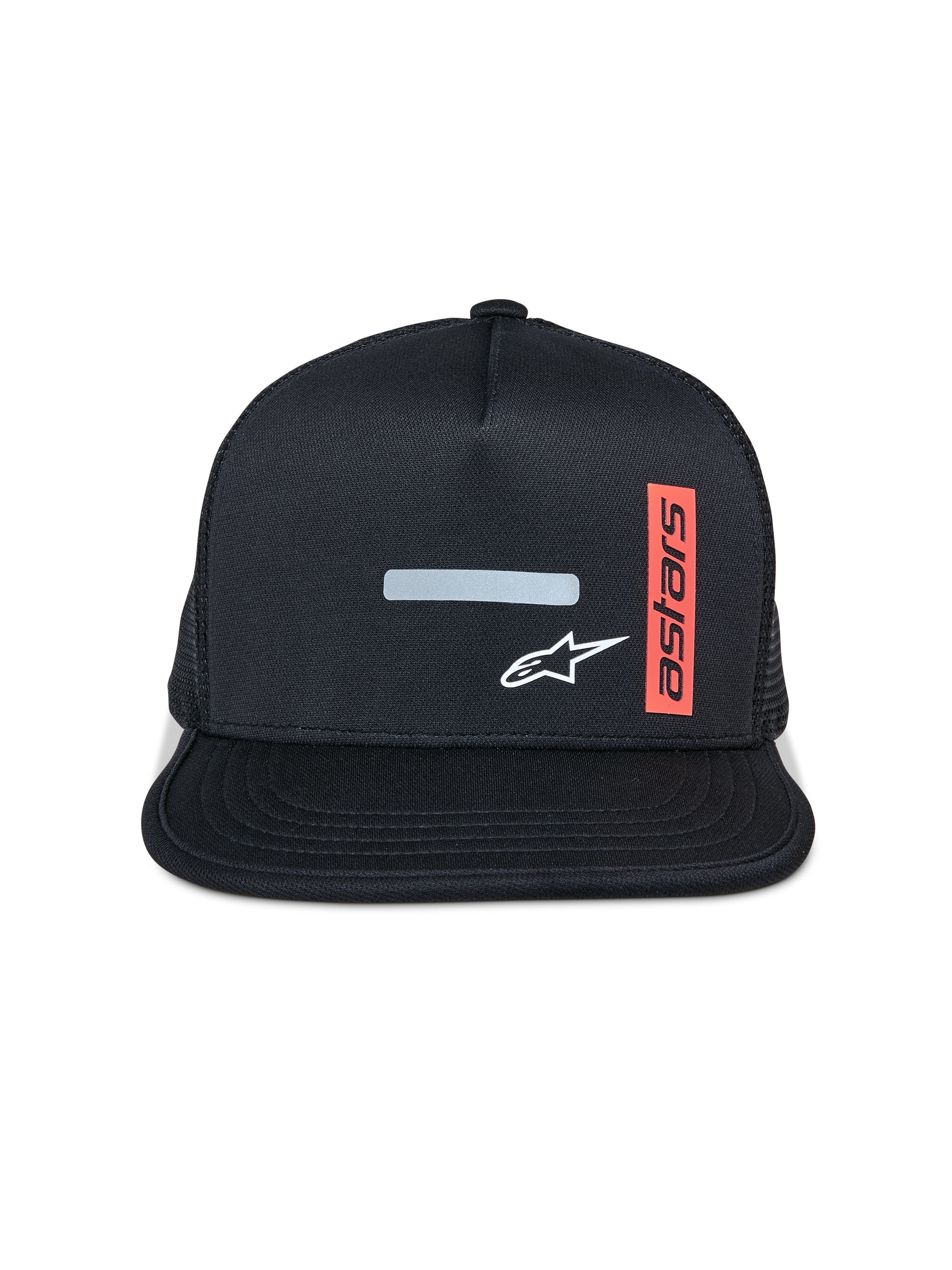 Alpinestars Alter Trucker Hat, Flat Bill Cap, Black with Mesh Back, Front Reflective Bar and White Star Logo, Vertical Red Label with Astars Text, Casual Motorsport Sportswear