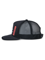Alpinestars Alter Trucker Hat, side view, Black, flat bill with binding edge, structured crown with mesh back, red vertical astars logo print, adjustable buckle closure, casual sportswear hat