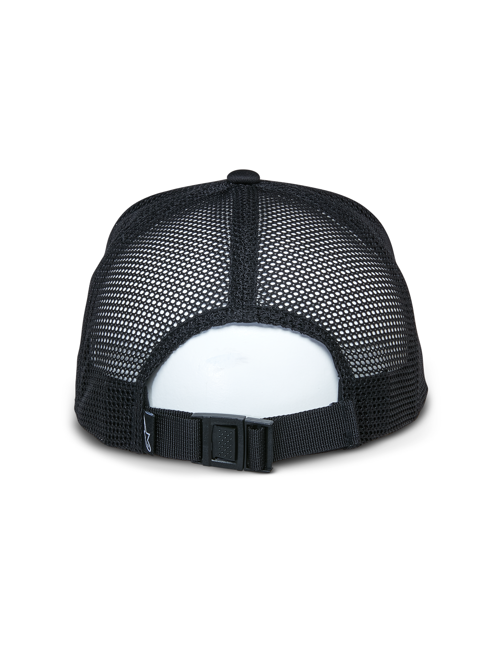 Alpinestars Alter Trucker Hat, Black, back view showing breathable recycled mesh panels and adjustable buckle closure, casual sportswear accessory