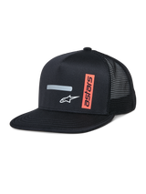 Alpinestars Alter Trucker Hat, Black trucker cap with structured crown and flat bill, breathable mesh back, featuring a horizontal gray reflective stripe, white A-star logo, and a vertical orange astars graphic, casual motorsport-inspired streetwear