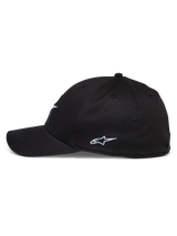 Alpinestars Elemental Hat, black curved bill cap, side view showing white embroidered Alpinestars logo, structured crown, stretch twill fabric, casual motorsport-inspired headwear