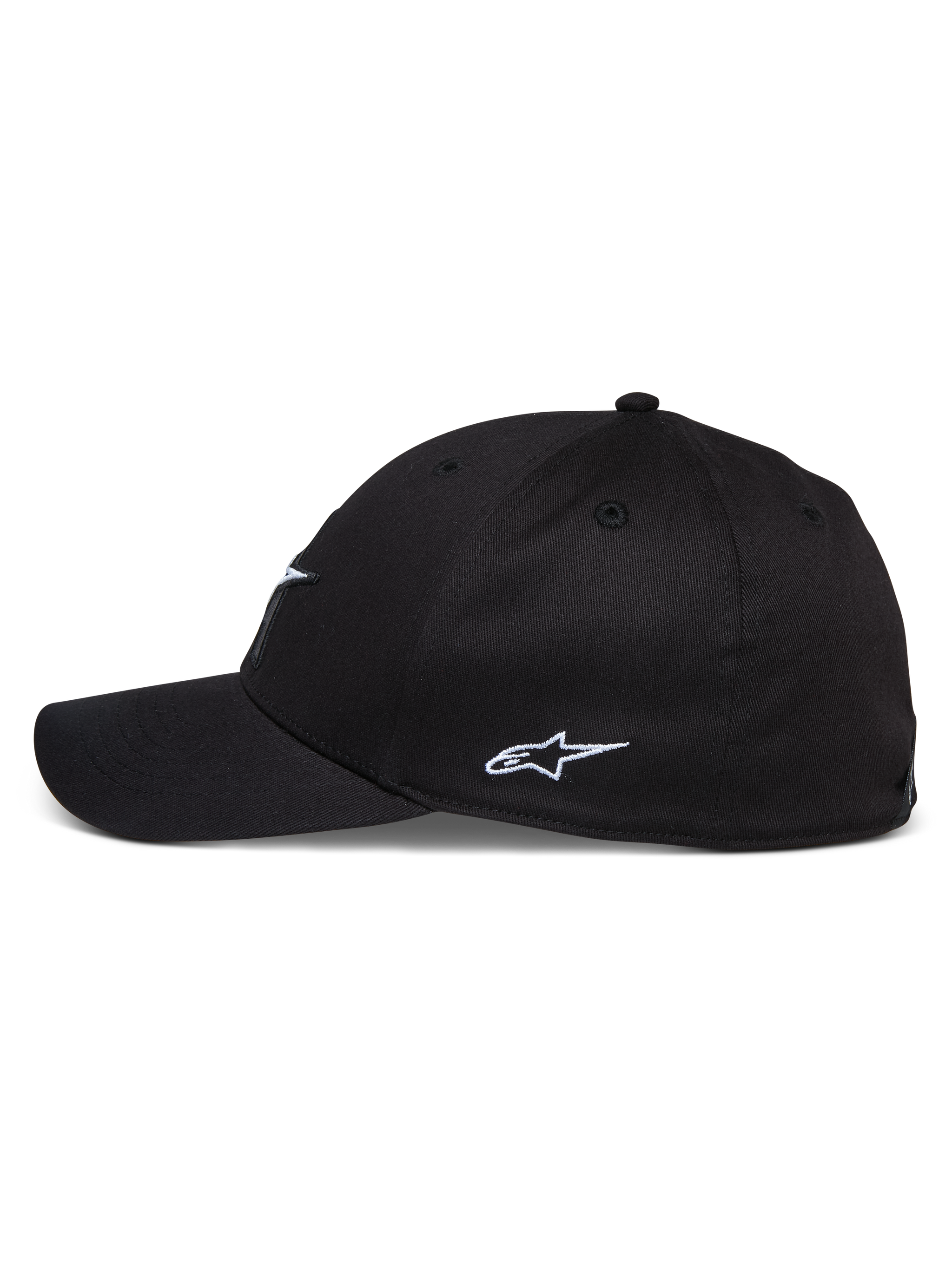 Alpinestars Elemental Hat, black curved bill cap, side view showing white embroidered Alpinestars logo, structured crown, stretch twill fabric, casual motorsport-inspired headwear