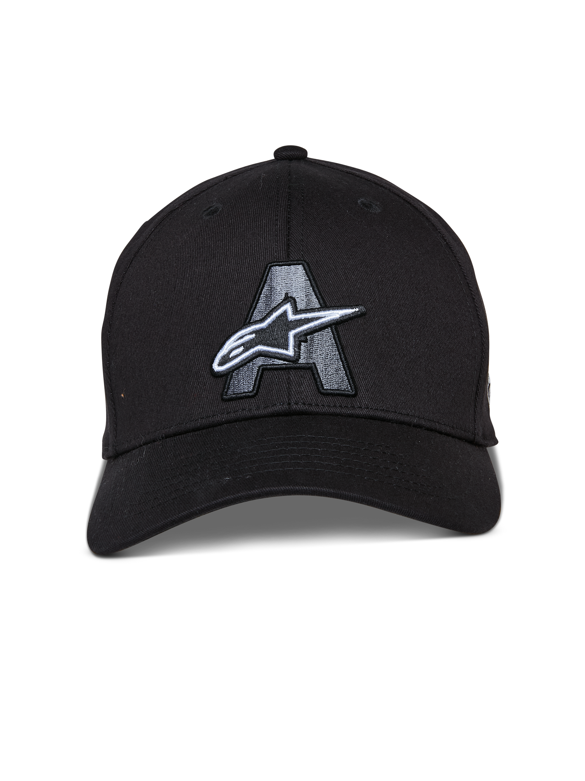Alpinestars Elemental Hat, Black Baseball Cap, Curved Bill with Structured Crown, Large Gray Embroidered Letter A and White Astars Logo, Casual Motorsport Streetwear