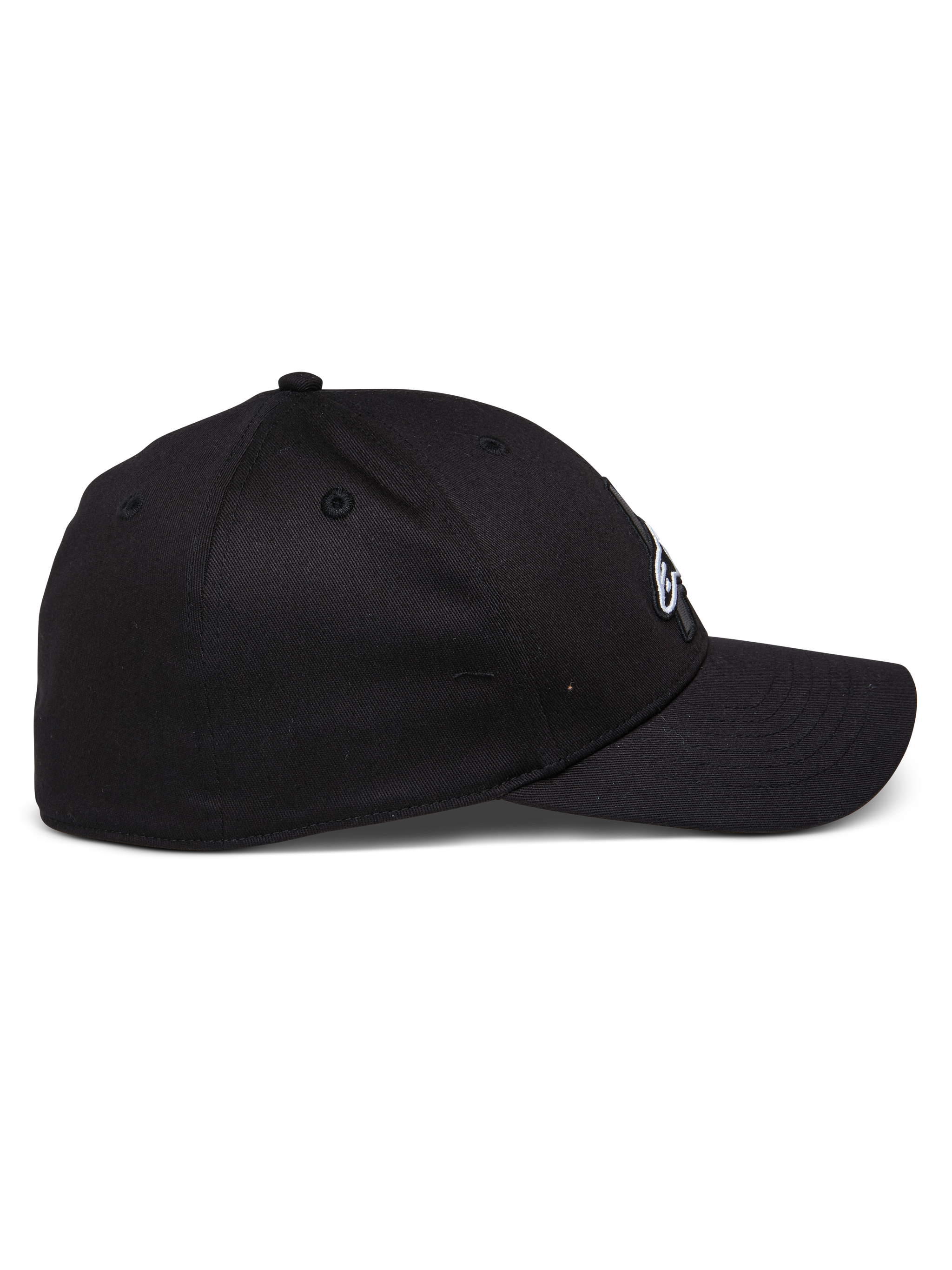 Alpinestars Elemental Hat, Black, Sportswear Baseball Cap, Side Profile View, Curved Bill with Structured Crown, Flex-Back Design, Stretch Twill Fabric, Casual Motorsport Headwear