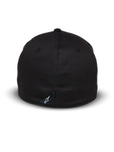 Alpinestars Elemental Hat, Black, Rear view showing flex-back design, stretch twill material, featuring a small black tab with white Alpinestars logo, casual motorsport headwear