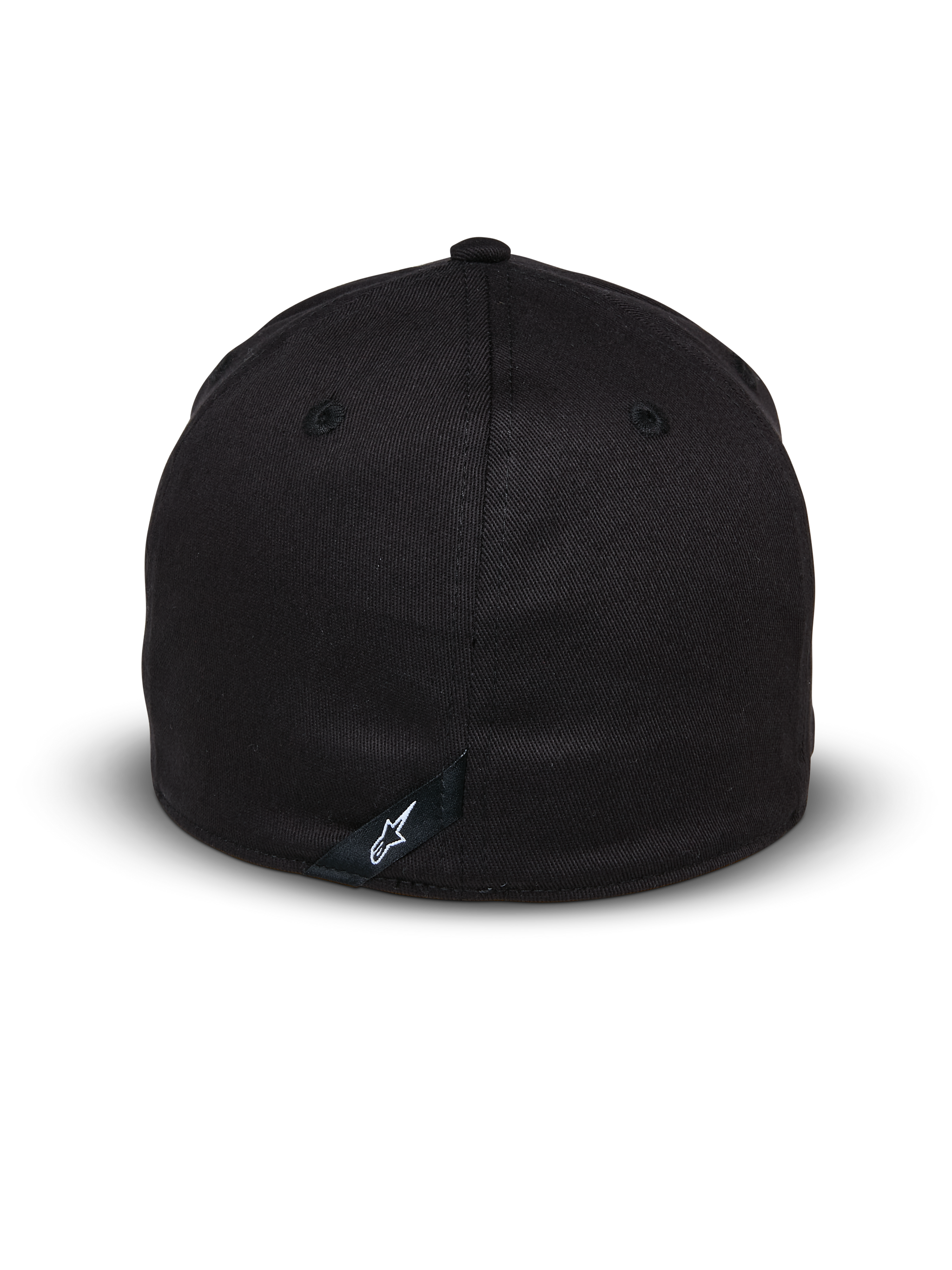 Alpinestars Elemental Hat, Black, Rear view showing flex-back design, stretch twill material, featuring a small black tab with white Alpinestars logo, casual motorsport headwear