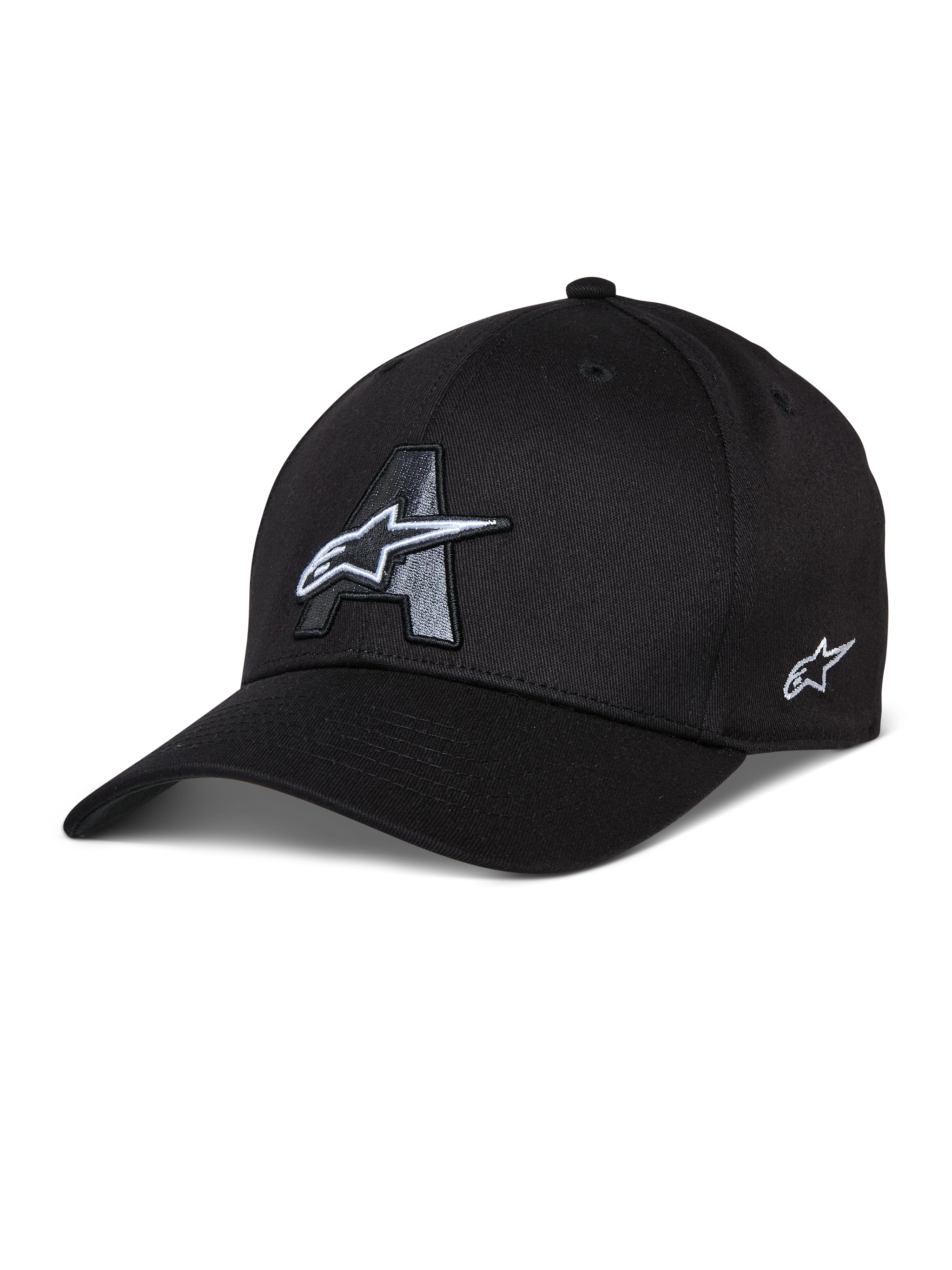 Alpinestars Elemental Hat, Black Baseball Cap with Gray A Logo and White Star 3D Embroidery, Curved Brim, Structured Crown, Six-Panel Construction with Ventilation Holes