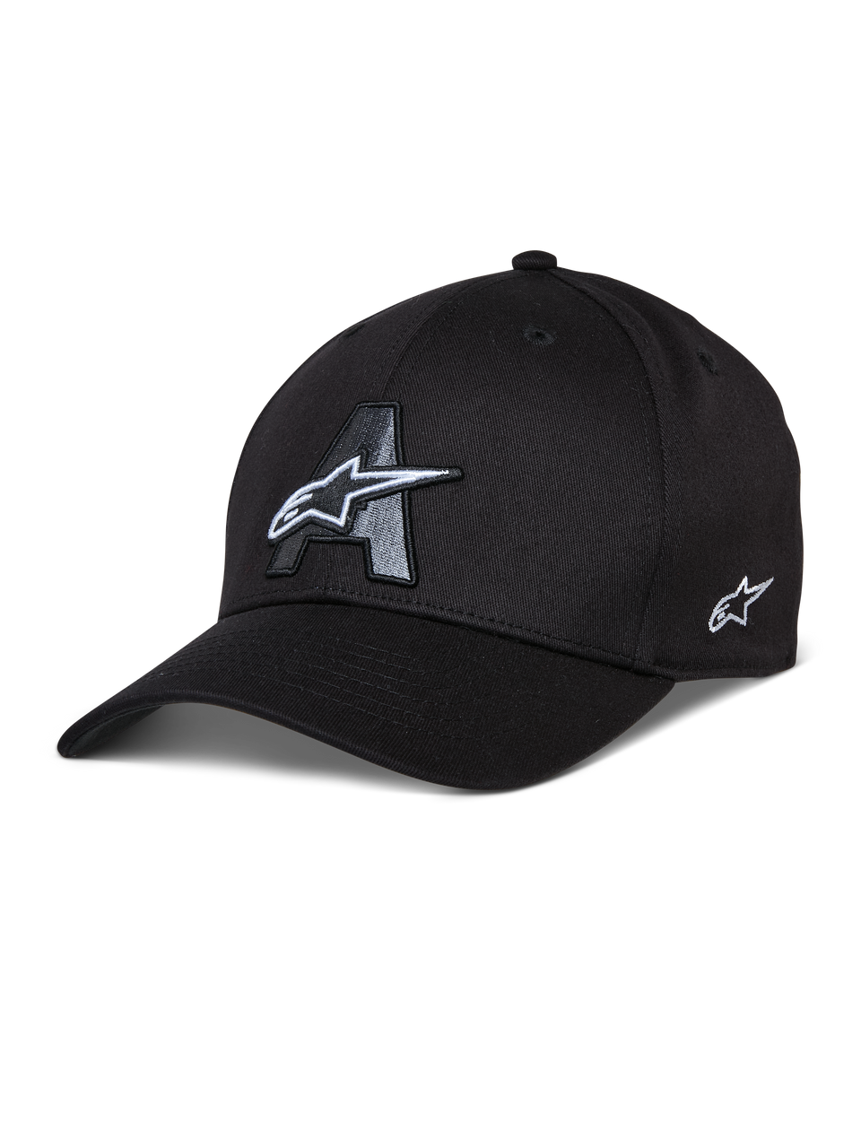 Alpinestars Elemental Hat, Black Baseball Cap with Gray A Logo and White Star 3D Embroidery, Curved Brim, Structured Crown, Six-Panel Construction with Ventilation Holes