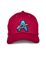 Alpinestars Elemental Hat, Red, Structured curved bill cap featuring a large light blue embroidered 'A' with a white and black Alpinestars star logo on the front, casual motorsport headwear