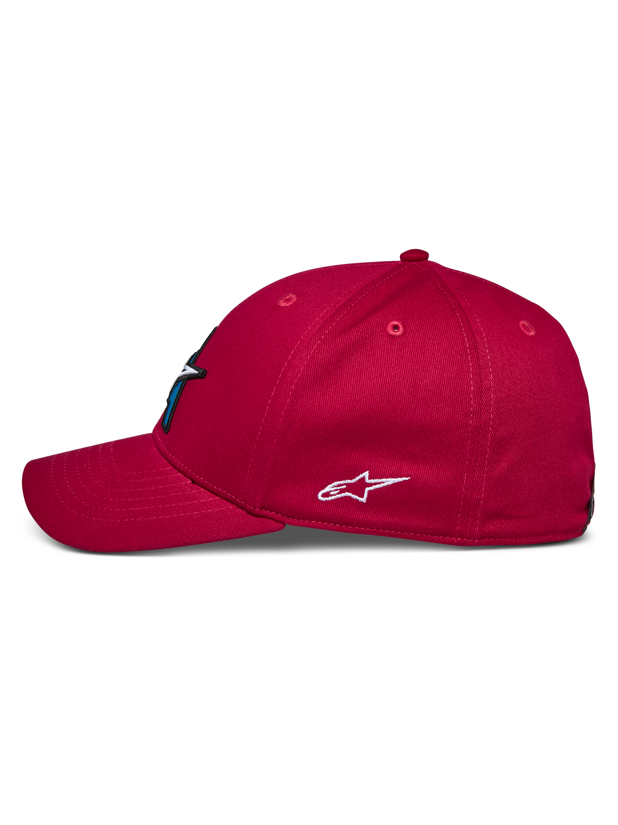 Alpinestars Elemental Hat, Red, side profile view, curved bill and structured crown, white embroidered Alpinestars logo on side, casual motorsport-inspired headwear
