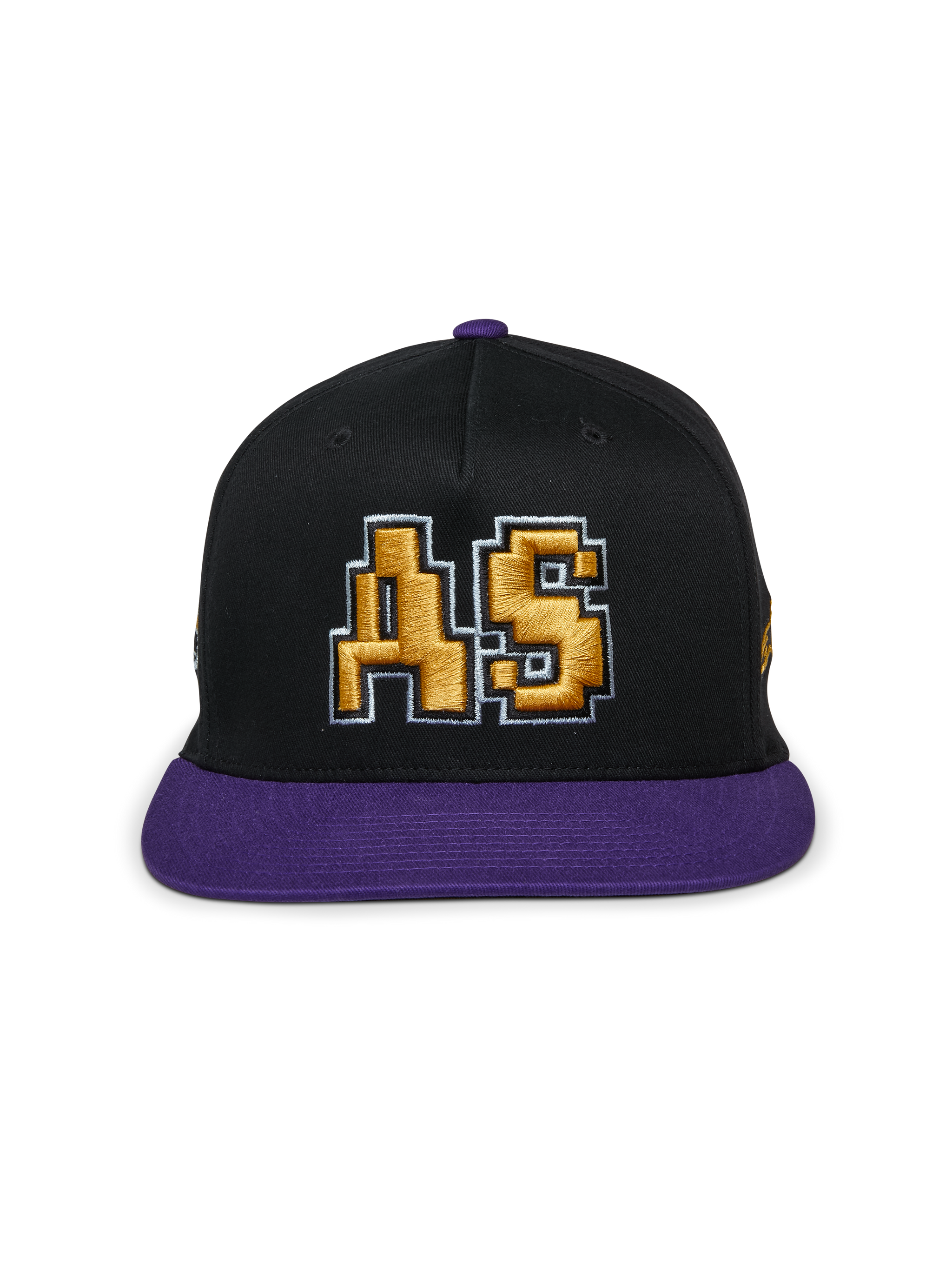 Alpinestars Franchise Hat, black and purple flat bill cap, structured crown with purple bill and top button, featuring a gold 3D embroidered "AS" logo on the front, casual motorsport-inspired streetwear