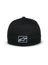 Alpinestars Franchise Hat, back view of a black baseball cap, purple button on top, small white embroidered Astars logo on the back, flex-back design, casual motorsport-inspired streetwear