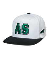 Alpinestars Franchise Hat, White Crown with Black Flat Bill, Green 3D Embroidered AS Logo, Flex Back Baseball Cap, Motorsport Lifestyle Headwear