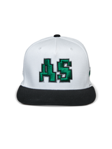 Alpinestars Franchise Hat, Flat Bill Cap, White and Black, Green 3D embroidered AS logo on front, structured crown with black flat bill, casual motorsport-inspired headwear