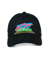 Alpinestars Vivid Hat, Black, Curved bill baseball cap, vibrant 3D embroidered logo with pink, blue, and green accents, semi-structured low crown, casual motorsport streetwear