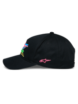 Alpinestars Vivid Hat, Black Snapback Baseball Cap, side profile featuring a pink embroidered star logo and colorful 3D front branding, curved bill, casual motorsport-inspired streetwear
