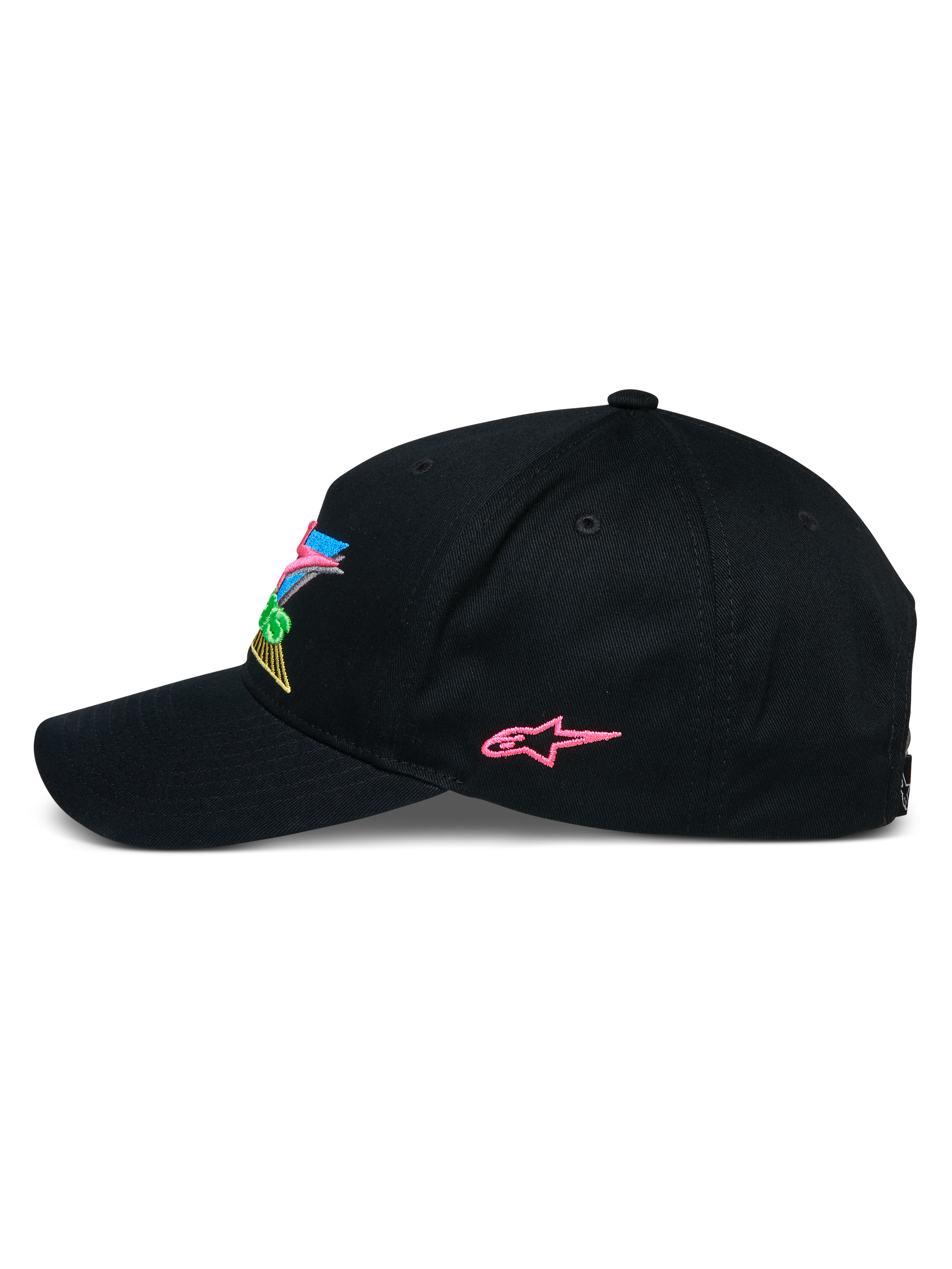 Alpinestars Vivid Hat, Black Snapback Baseball Cap, side profile featuring a pink embroidered star logo and colorful 3D front branding, curved bill, casual motorsport-inspired streetwear