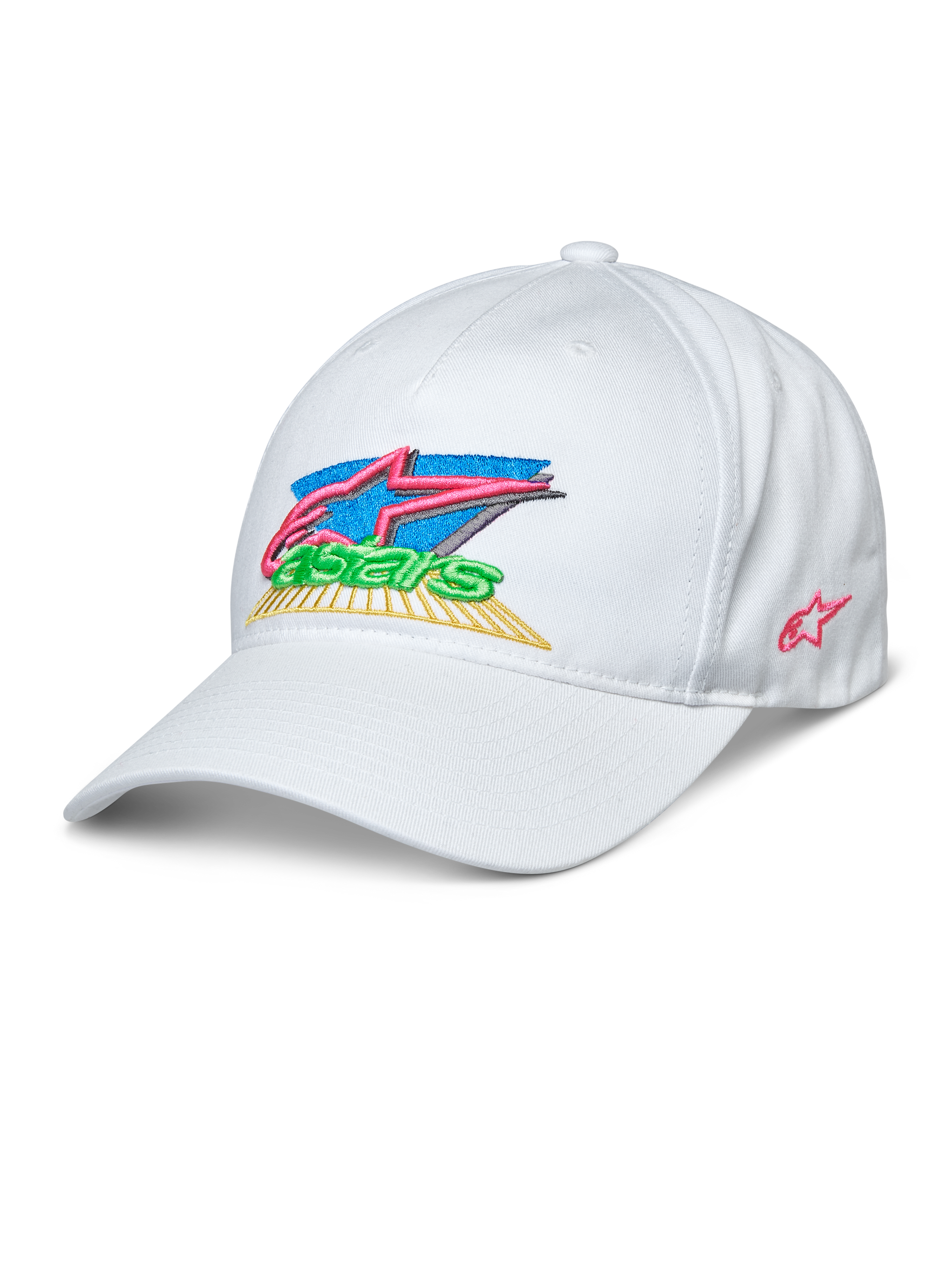 Alpinestars Vivid Hat, White Baseball Cap, 3D Embroidered Colorful Astars Logo with Pink, Blue, Green, and Yellow, Curved Bill, Semi-Structured Low Crown, Casual Sportswear