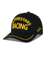 Alpinestars Luminary Hat, Black Baseball Cap, Yellow ALPINESTARS RACING 3D Embroidery, Curved Brim with Yellow Trim, Side Star Logo, Casual Motorsport Streetwear