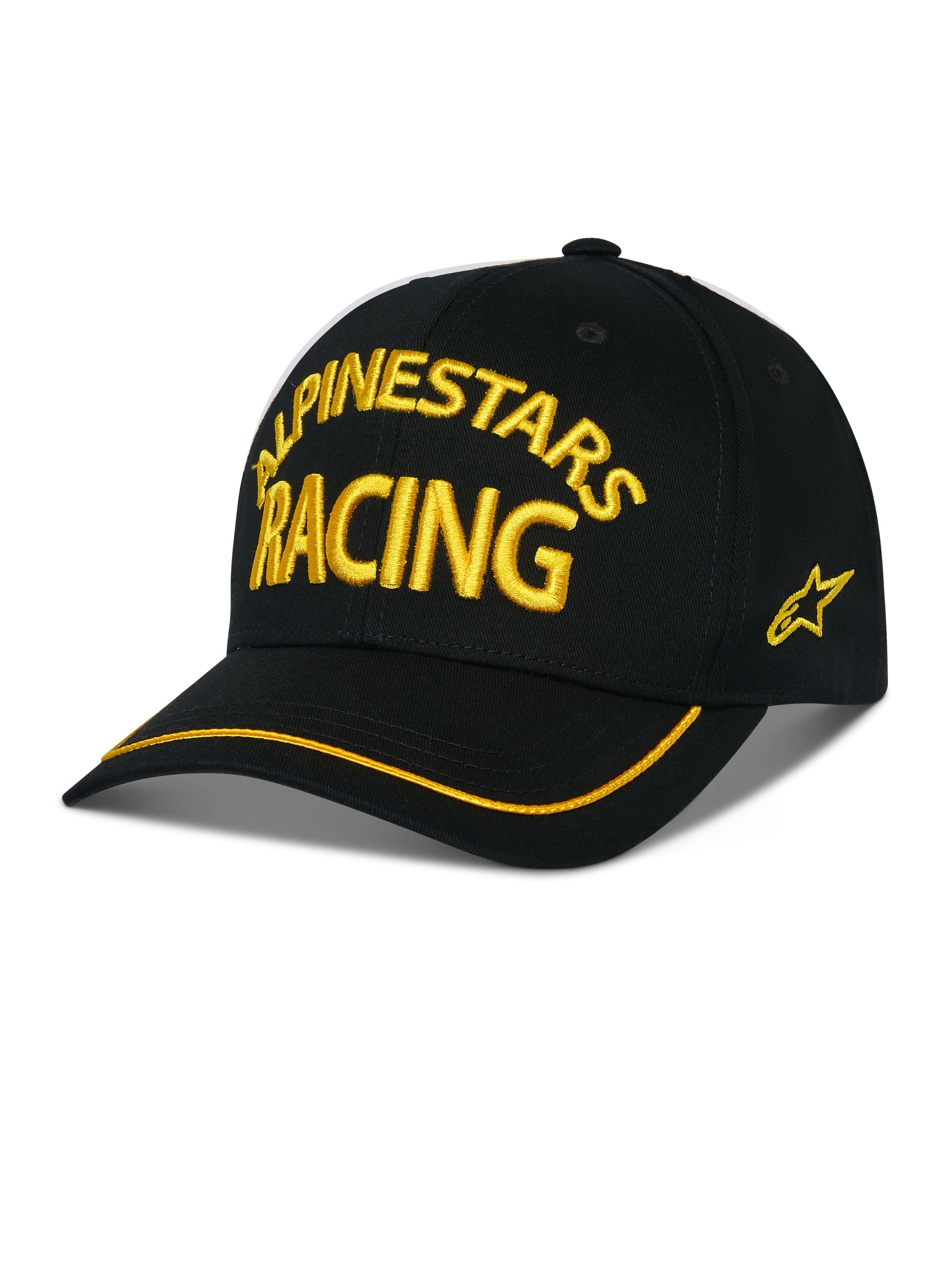 Alpinestars Luminary Hat, Black Baseball Cap, Yellow ALPINESTARS RACING 3D Embroidery, Curved Brim with Yellow Trim, Side Star Logo, Casual Motorsport Streetwear