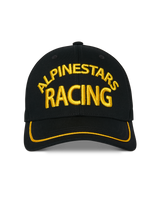Alpinestars Luminary Hat, Black Snapback Cap, Front 3D Yellow Alpinestars Racing Embroidery, Curved Bill with Yellow Sutache Trim, Casual Motorsport Headwear