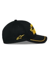 Alpinestars Luminary Hat, Black Snapback Cap, side view, curved bill with yellow sutache trim, yellow 3D embroidered logo and side star, 100% cotton twill, casual motorsport-inspired headwear